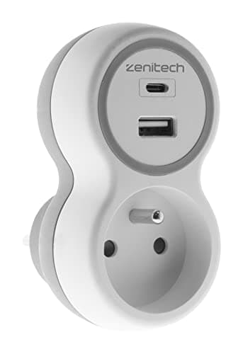Zenitech Prise 16A et 2 ports USB universelle - Blanc et Gris pour Bureau