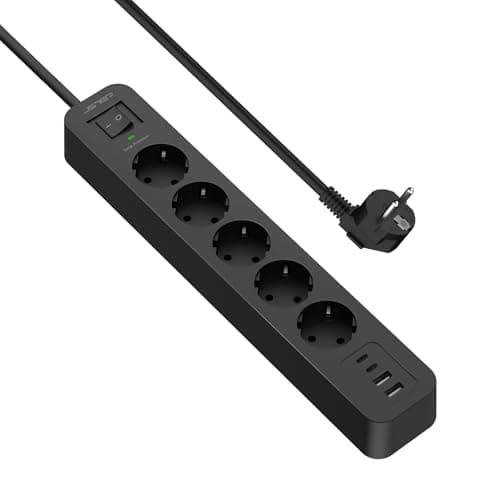 JSVER Multiprise USB Cpour Voyageurs Actifs, Parasurtenseur 3680W Parafoudre et Surtension Multi Prises Blanc — Noir