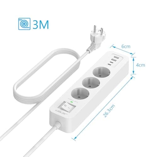JSVER Multiprise USB-C avec Parafoudre et Surtension - 3 Prises + 4 Ports USB 5V3A, Rallonge Électrique 3M pour Maison B