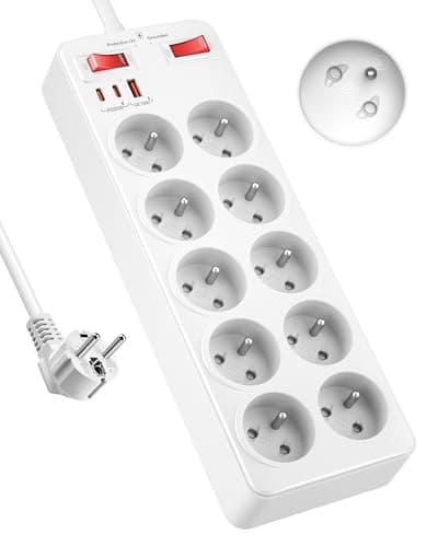 Multiprise with Switch 10 French SocketsWith Earth 16A 2P+T, Rapid Charge Block PD20W 2100J Lightning and Overvoltage Pr — blanc