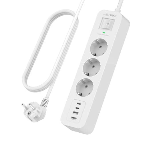 JSVER Multiprise USB-C avec Parafoudre et Surtension - 3 Prises + 4 Ports USB 5V3A, Rallonge Électrique 3M pour Maison B — Blanc 2M