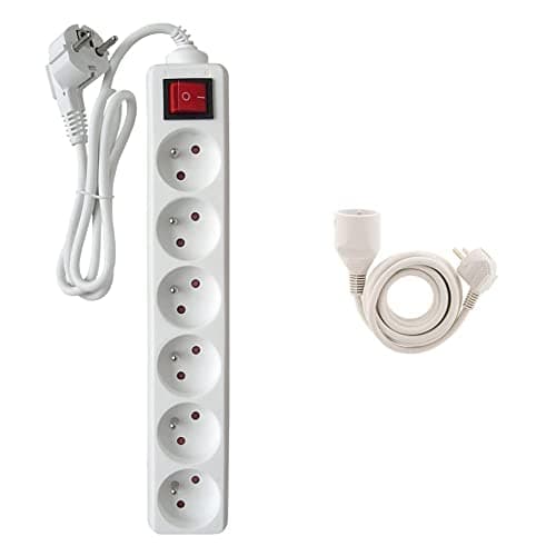 Zenitech Bloc 6 Prises 16A Blanc & Prolongateur ménager - Fonction Interrupteur Hobo HO5VV-F 3G1 Blanc 1,90m