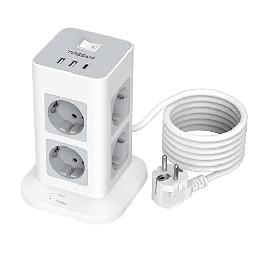 TESSAN Tour Multiprise Parafoudre et Surtension Gris Convient pour Bureau et Maison 8 Sorties AC 3 Ports USB 3600W Inter