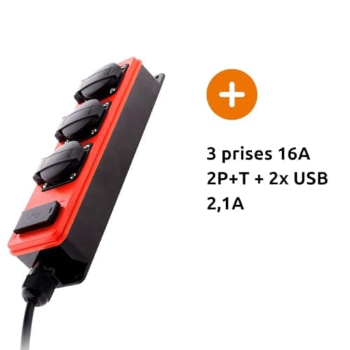Multiprise étanche 3 Prises 16A 2P+T + USB - Zenitech (Éthanche, 3 Prises, USB)