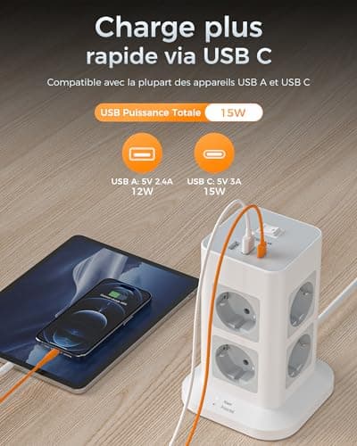 TESSAN Tour Multiprise Parafoudre et Surtension Gris Convient pour Bureau et Maison 8 Sorties AC 3 Ports USB 3600W Inter