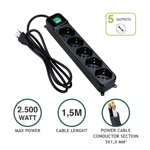 Tecnoware Multiprise Électrique 5 Sorties Schuko/Italie | Protection Enfant | Câble 150 cm