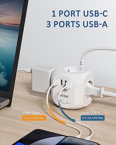 Multiprise Lenovo avec Interrupteur Parafoudre 4 Prises 3USB Type C, Bureau et Maison Tressé Câble 3M