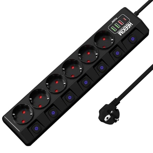 Multiprise 6 prises 7 interrupteurs 3 ports USB-A 1 port USB-C protection enfant maison bureau (4000W/16A) (cordon de 2m