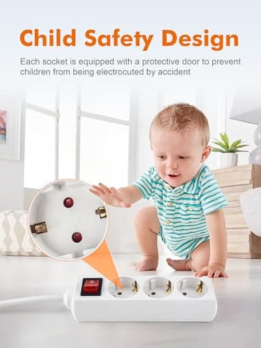 GRIFEMA Multiprise à 3 Prises et Interrupteur, Sécurité Enfants, Évite la Consommation Fantôme, 3500 W, 16 A, 1,4 m, Bla