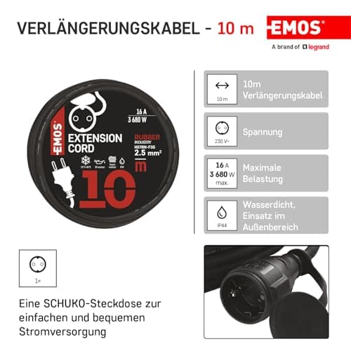 EMOS Rallonge 10 m Schuko en caoutchouc IP44 pour extérieur H07RN-F3G 2,5 mm2