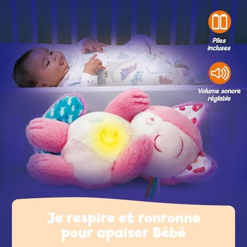 VTech MonChatonDouceNuitRose PelucheQuiRespireetRonronne VeilleuseBébéMusical - Contenu en Français - Cadeau Nouveau-Né