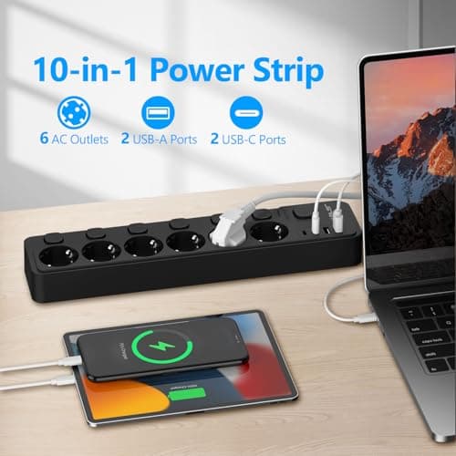 JavaScripter Multiprise USB avec Interrupteurs individuels - Multiprise 6 prises 2 USB - Noir