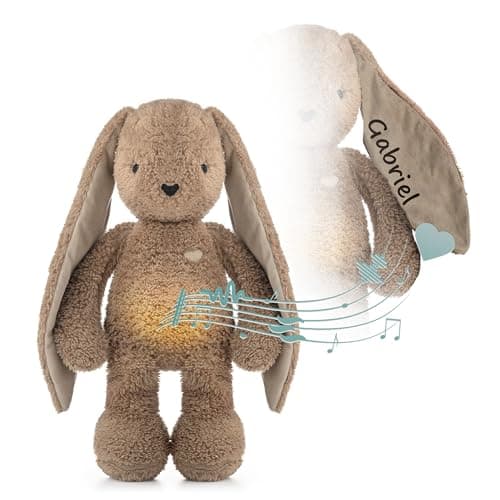 MyHummy Lapin Apaisant 5-en-1, Marron, Fonction Lumière et Sons, Peluche personnelle imprimée avec nom, Charge USB