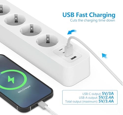 JSVER Multiprise USB Cpour Voyageurs Actifs, Parasurtenseur 3680W Parafoudre et Surtension Multi Prises Blanc