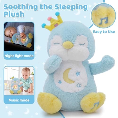 Edencomer Peluche Réglable Qui Respire - Veilleuse Bébé Musicale Lumineuse pour Fille/Garçon Nouveau-Né (Pingouin Bleu)