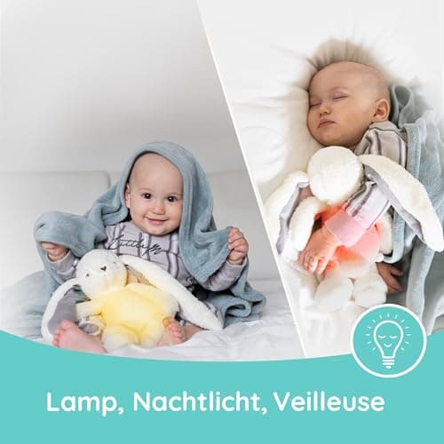 myHummy Lapin 5 en 1 avec nom - Jouet éducatif interactif pour enfant, lumière vibrez sons, confort de sommeil, écru-gri