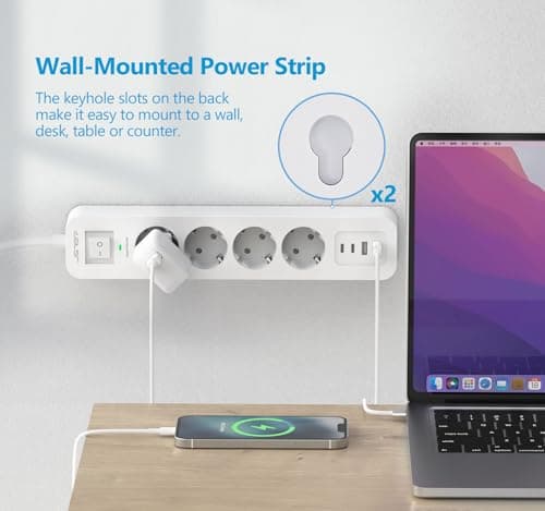 JSVER Multiprise USB Cpour Voyageurs Actifs, Parasurtenseur 3680W Parafoudre et Surtension Multi Prises Blanc