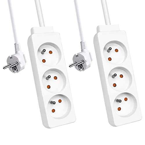 EXTRASTAR Multiprise 3 Prises 16A Blanc, 1.5M Rallonge Électrique 3G1.0mm² H05VV-F, Lot de 2