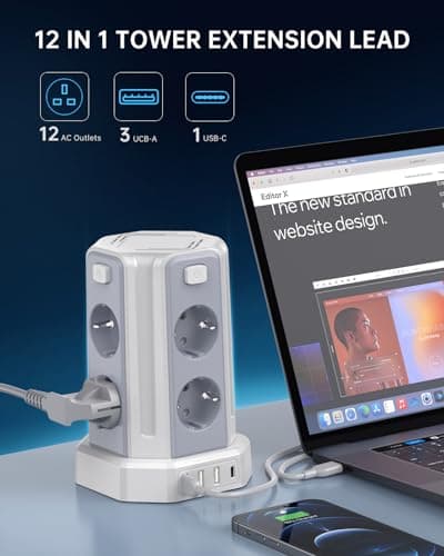 Multiprise Parafoudre et Surtension Tour Multiprise 8 Sorties AC 4 Ports USB Blanc Convient pour Maison et Bureau