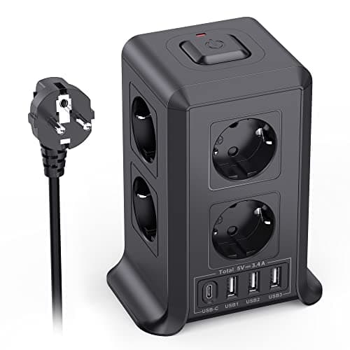 Interrupteur Multiprise Parafoudre Surtension 8 Sorties AC 4 Ports USB Bureau Salon Chambre — Noir