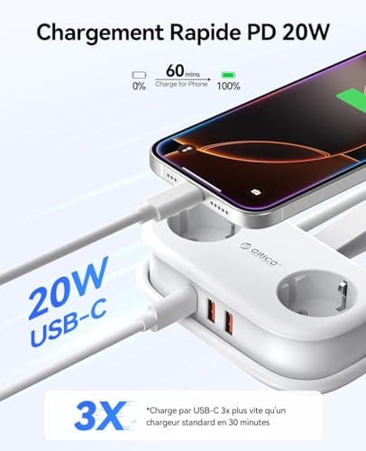 ORICO Multiprise d'Alimentation USB C 20W pour Bureau et Voyage Compatible avec les Téléphones 1,5m (AP3-Blanc)