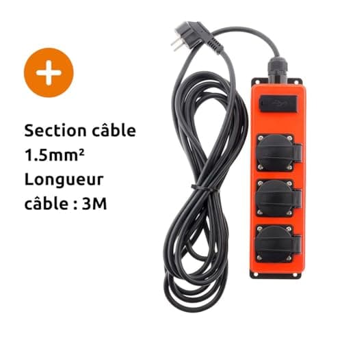 Multiprise étanche 3 Prises 16A 2P+T + USB - Zenitech (Éthanche, 3 Prises, USB)