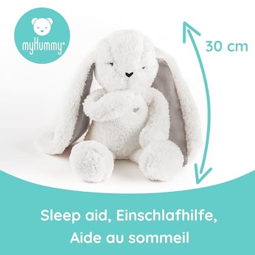 myHummy Lapin 5 en 1 avec nom - Jouet éducatif interactif pour enfant, lumière vibrez sons, confort de sommeil, écru-gri