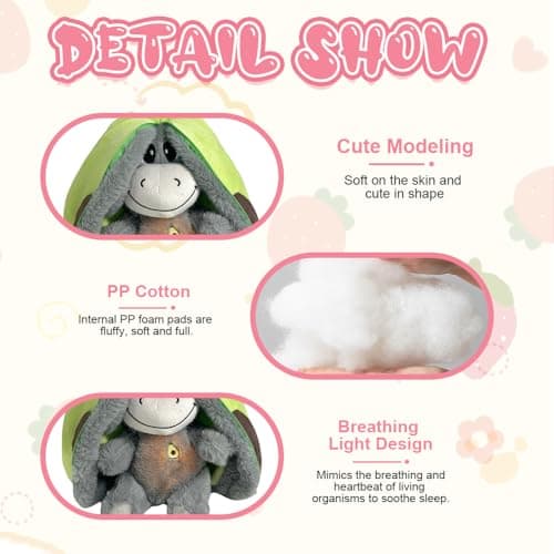 Peluche Âne Respirants XPJBKC, Réglable à 4 Niveaux, Pour Enfant et Adulte, Mouvements Respiratoires Réalistes, Musique