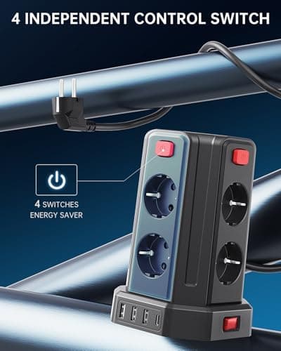 Multiprise USB Parafoudre avec 8 Prises et 4 Ports USB, Rallonge Électrique 3M avec 4 Interrupteurs, Multiprise Sécurisé