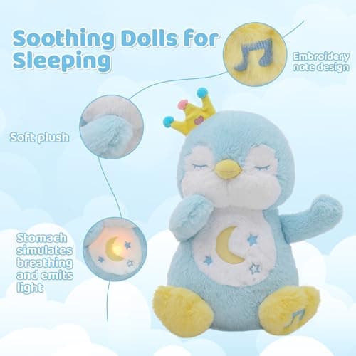 Edencomer Peluche Réglable Qui Respire - Veilleuse Bébé Musicale Lumineuse pour Fille/Garçon Nouveau-Né (Pingouin Bleu)