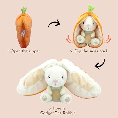 FLIPETZ Les DÉGLINGOS Doudou Gadget Le Lapin/Carotte - Doux et réversible - Idéal pour les bébés - Naissance, Orange et