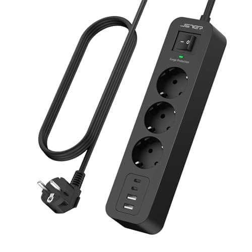 JSVER Multiprise USB-C avec Parafoudre et Surtension - 3 Prises + 4 Ports USB 5V3A, Rallonge Électrique 3M pour Maison B — Noir 2M