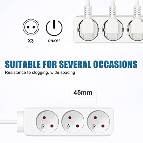 EXTRASTAR Multiprise 3 Prises 16A Blanc, 1.5M Rallonge Électrique 3G1.0mm² H05VV-F, Lot de 2