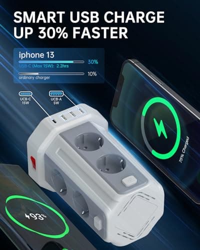 Multiprise Parafoudre et Surtension Tour Multiprise 8 Sorties AC 4 Ports USB Blanc Convient pour Maison et Bureau
