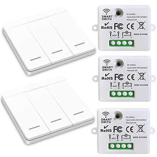 CetteRC Interrupteur d'éclairage sans fil 10A, Installation facile pour lampe jusqu'à 1500W, Contrôleur RF et sécurité — 3 récepteurs et 2 commutateurs