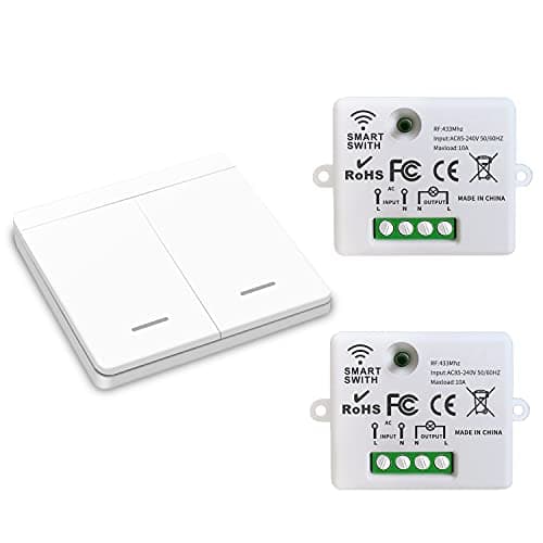 CetteRC Interrupteur d'éclairage sans fil 10A, Installation facile pour lampe jusqu'à 1500W, Contrôleur RF et sécurité — 2 récepteurs et 1 commutateur