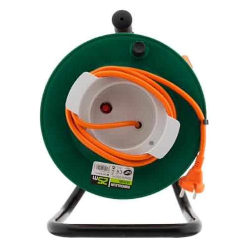 Enrouleur sans Prise 2x1,5mm² 25m Base Métal + Coupe Circuit Électrique - Vert/Orange - Zenitech