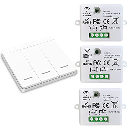 CetteRC Interrupteur d'éclairage sans fil 10A, Installation facile pour lampe jusqu'à 1500W, Contrôleur RF et sécurité — 3 récepteurs et 1 commutateur