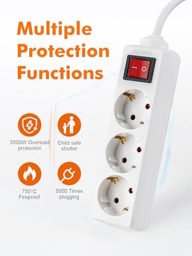 GRIFEMA Multiprise à 3 Prises et Interrupteur, Sécurité Enfants, Évite la Consommation Fantôme, 3500 W, 16 A, 1,4 m, Bla