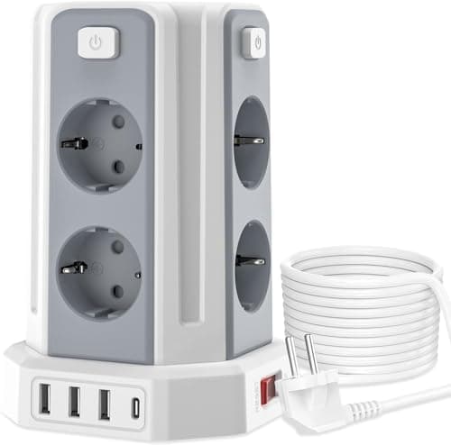 Multiprise USB Parafoudre avec 8 Prises et 4 Ports USB, Rallonge Électrique 3M avec 4 Interrupteurs, Multiprise Sécurisé — blanc