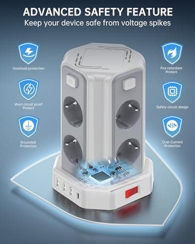 Multiprise Parafoudre et Surtension Tour Multiprise 8 Sorties AC 4 Ports USB Blanc Convient pour Maison et Bureau