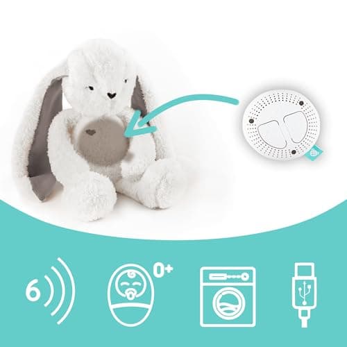 myHummy Lapin 5 en 1 avec nom - Jouet éducatif interactif pour enfant, lumière vibrez sons, confort de sommeil, écru-gri