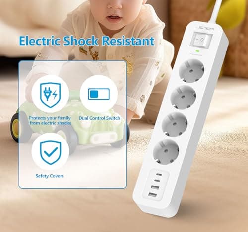 JSVER Multiprise USB Cpour Voyageurs Actifs, Parasurtenseur 3680W Parafoudre et Surtension Multi Prises Blanc