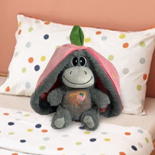 Âne en Peluche Respirant, Peluche avec Musique, Lumières et Mouvements Calmants, Peluche aux Fruits pour Réduire le Stre