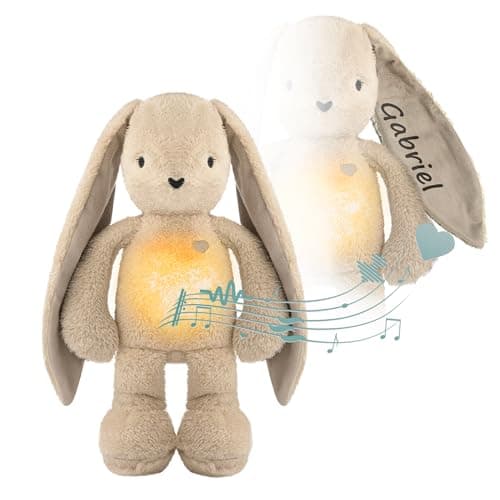 MyHummy Lapin Apaisant 5-en-1 avec Lumière et Sons, Peluche Personnelle avec Imprimé de Nom, USB Rechargeable