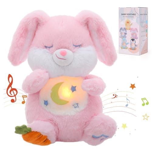 Edencomer Peluche Qui Respire avec Bruit Blanc, Veilleuse Musicale et Lumineuse, Cadeau pour Bébé Nouveau-Né (Pingouin G — Lapin Rose