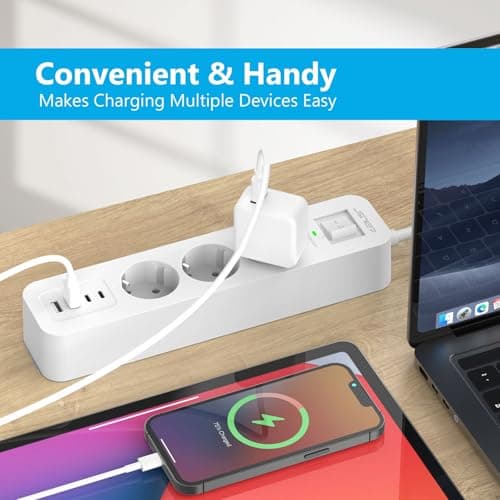 JSVER Multiprise USB-C avec Parafoudre et Surtension - 3 Prises + 4 Ports USB 5V3A, Rallonge Électrique 3M pour Maison B