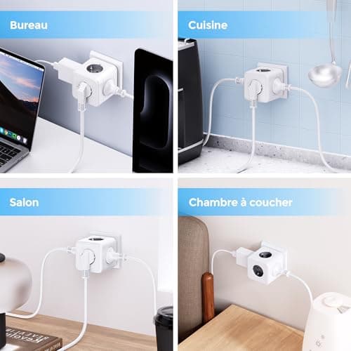 Prise cubique 5 en 1 Murale 3680W Gris pour Domicile et Bureau
