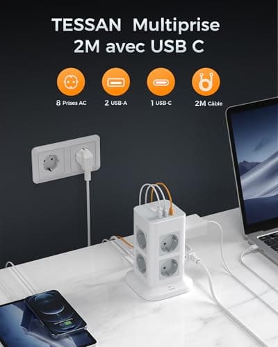 TESSAN Tour Multiprise Parafoudre et Surtension Gris Convient pour Bureau et Maison 8 Sorties AC 3 Ports USB 3600W Inter