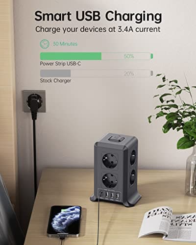 Multiprise avec interrupteur 8 prises et 4 USB pour la maison et le bureau - Protection contre la surtension et les écla